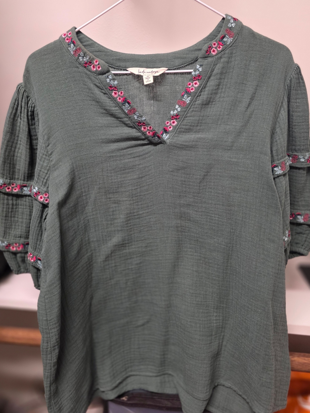 Linda Anderson Embroidered V-Neck Flutter Sleeve Top - Olive